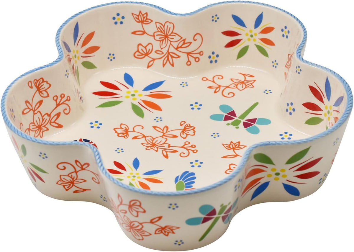 temp-tations by Tara Ceramic Pie Pan for Baking 10", Garden - Deep Stoneware Pot or Apple Pie Dish, Dishwasher Safe Quiche Baking Dish, Scalloped Non-Stick Fluted Tart Cake Pan Oven Plate Mold