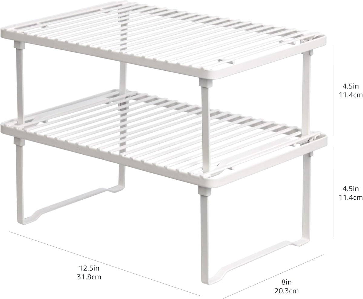 Amazon Basics Stackable Metal Kitchen Storage Shelves for Dishes, 12.5" L x 8" D x 4.5" H, Set of 2, White