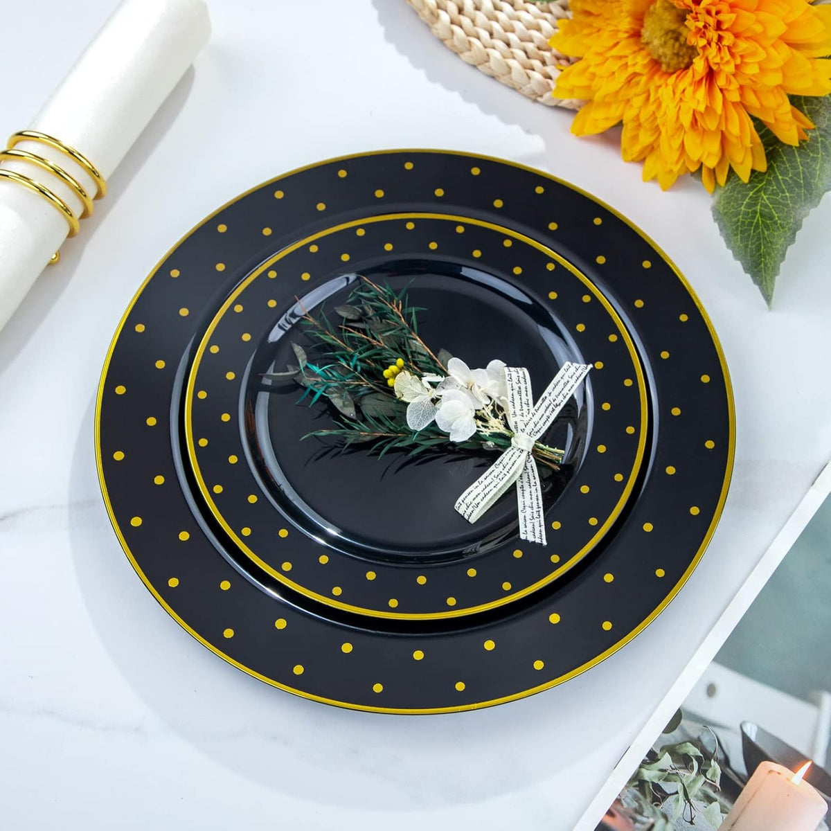 I00000 102Pcs Plastic Black Gold plates, New Year Black Plastic Plates Including 51 Dinner Plates 10.25" and 51 Salad Plates 7.5" with Gold Dots, Premium Gold Disposable Plates for Party & New Year