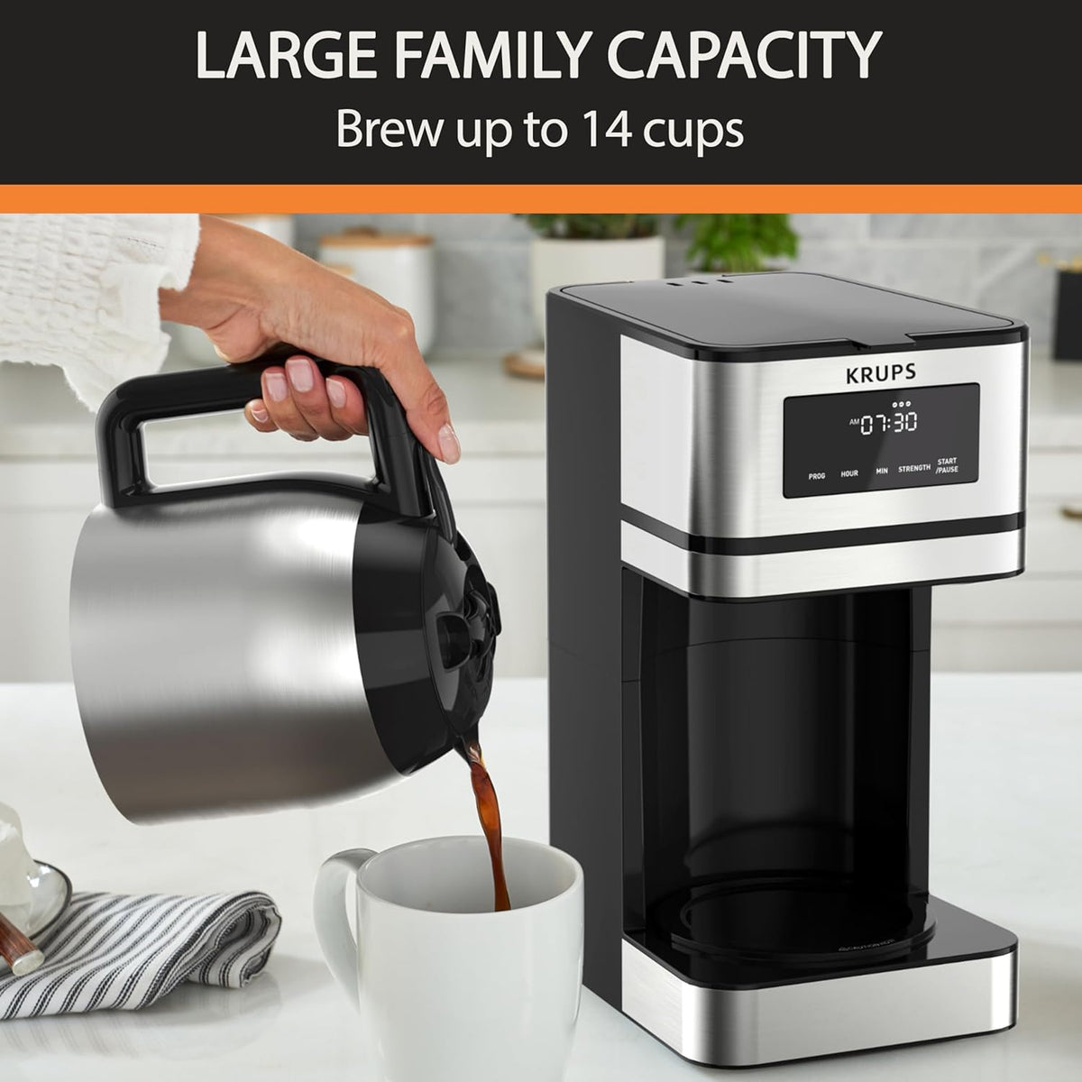 Krups Simply Brew Stainless Steel and Thermal Carafe Drip Coffee Maker 12 Cup Programmable, Customizable, Digital Display, Insulated Coffee Filter, Dishwasher Safe, Drip Free Silver and Black