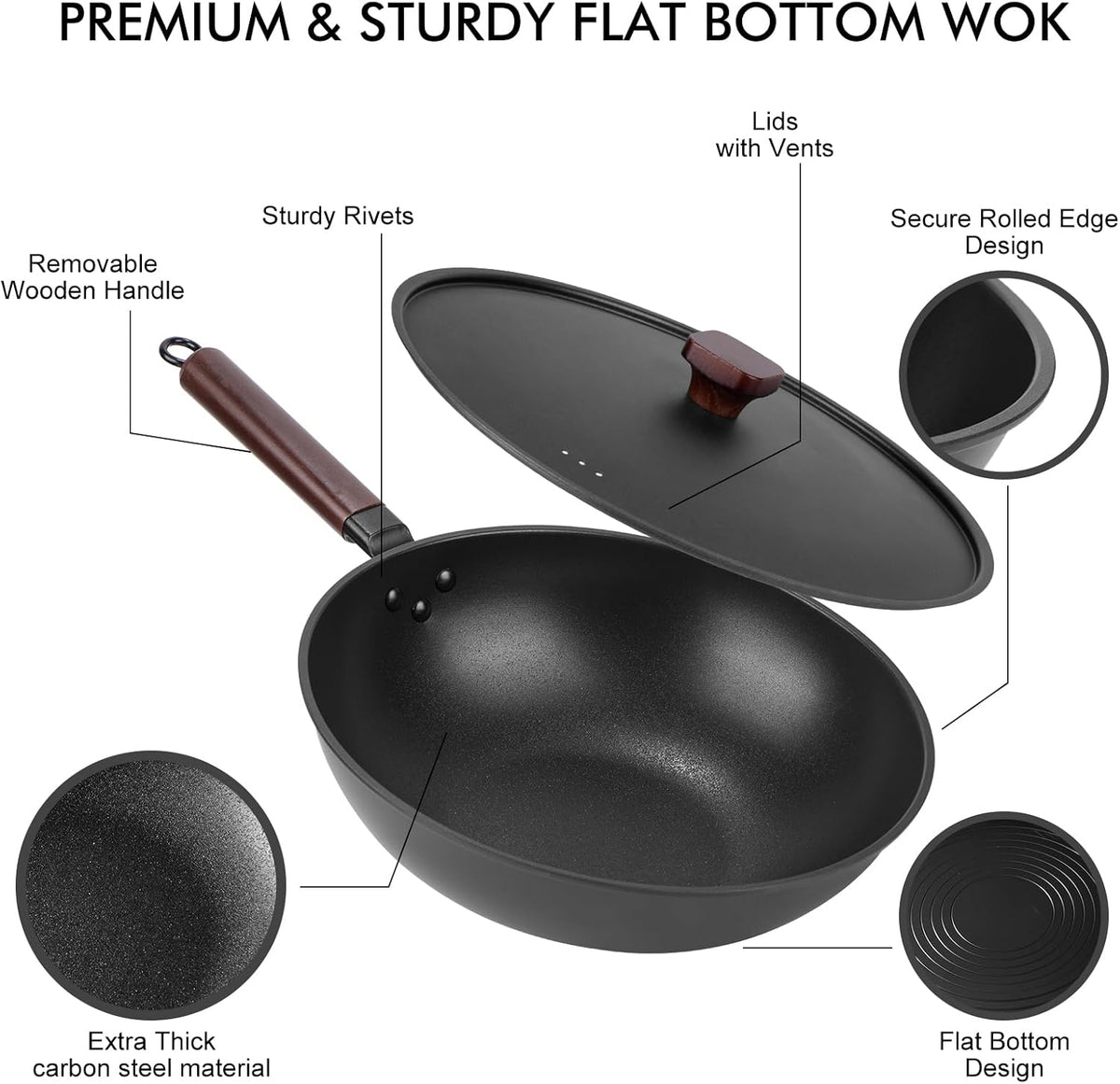 Carbon Steel Wok Pan - 13" Wok Pan with Lid, Woks & Stir-Fry Pans Nonstick with Spatula & Brush, Chinese Wok Flat Bottom Wok for Induction, Electric, Gas, All Stoves