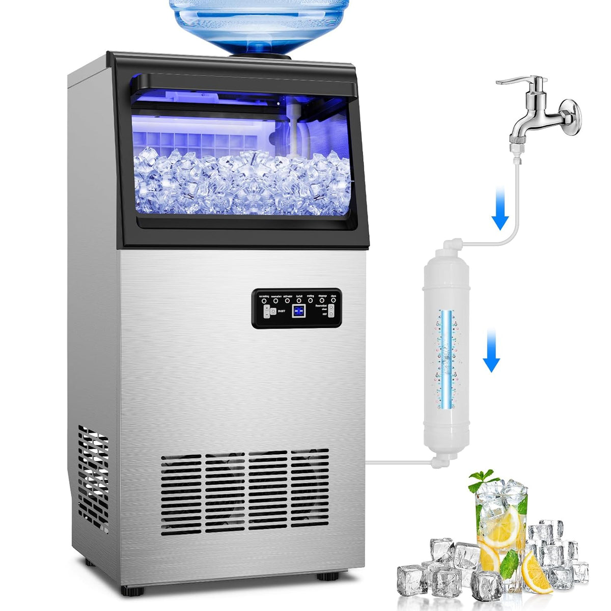 Commercial Ice Maker Machine 110Lbs/24H with 2 Water Inlet Modes, 36Pcs Ice Cubes in 8-15 Mins, Stainless Steel Under Counter/Freestanding Ice Machine with 25Lbs Storage Bin for Home/Shop/Office/Bar