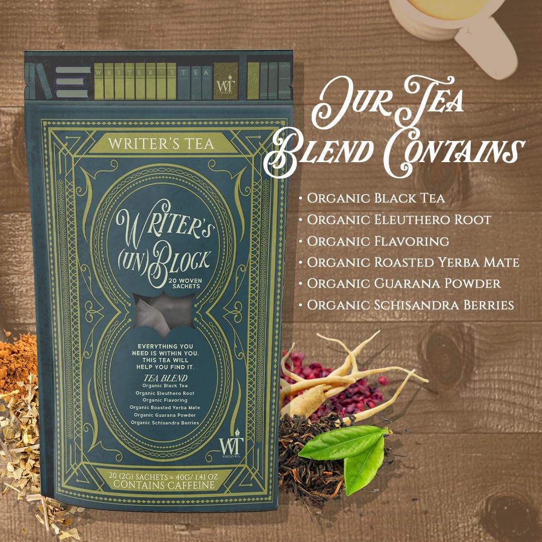 Writer's Tea Writer's (Un) Block - Focus Tea - Black Tea, Eleuthero Root, Flavoring, Roasted Yerba Mate, Guarana Powder, and Schisandra Tea Blend - Contains Caffeine - 20 Woven Sachets