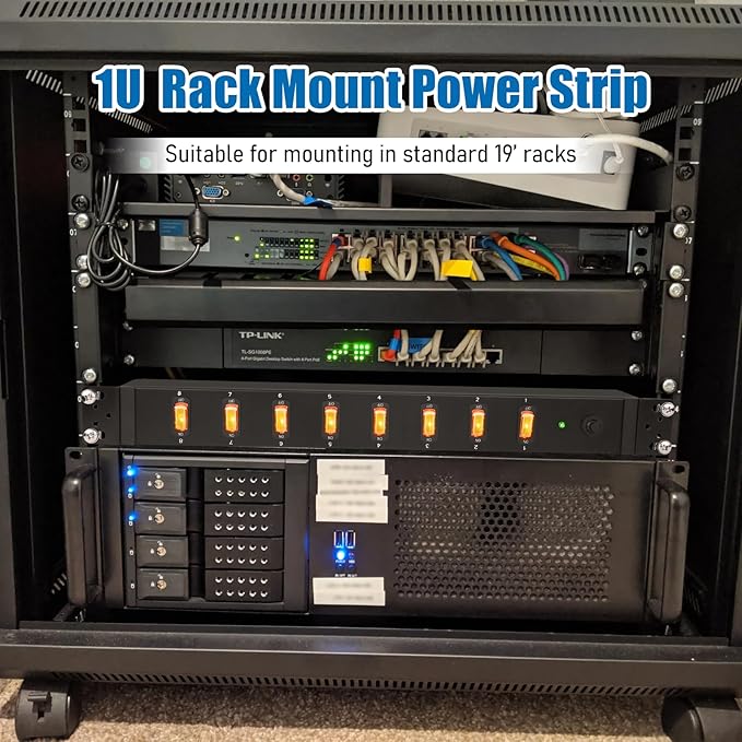 HHSOET 1U Rack Mount Surge Protection, 8 Outlet PDU Power Strip, Metal Mountable Outlet Strip with Switch, 10ft Power Cord.