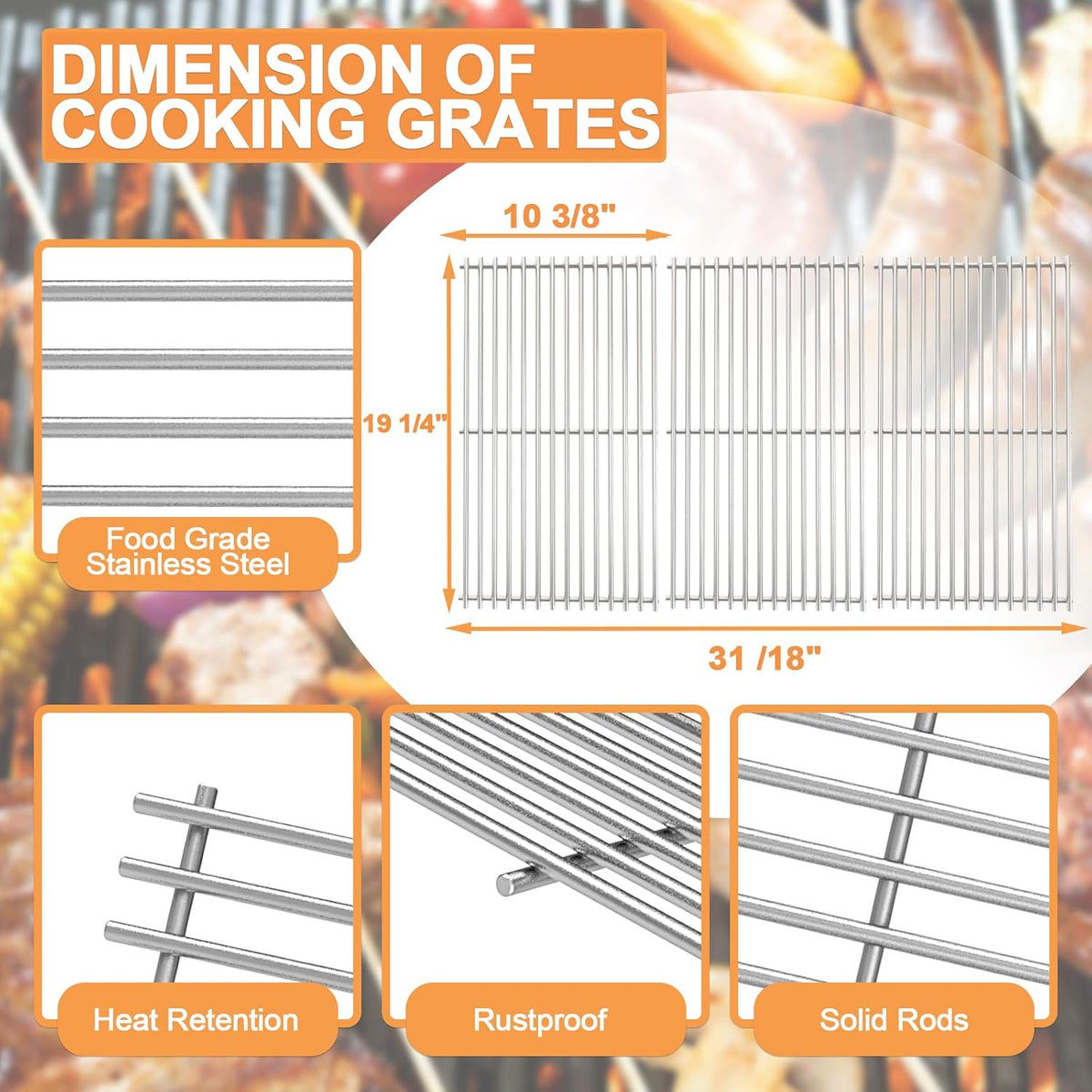 19 1/4" Grill Grates for Brinkmann Grill Replacement Parts 810-8500-S, 810-8501-S, 810-8502-S, Jenn Air 720-0337, 750-0142, Costco Kirkland 720-0432, Charmglow, Members Mark, Nexgrill, Ducane, 3PCS
