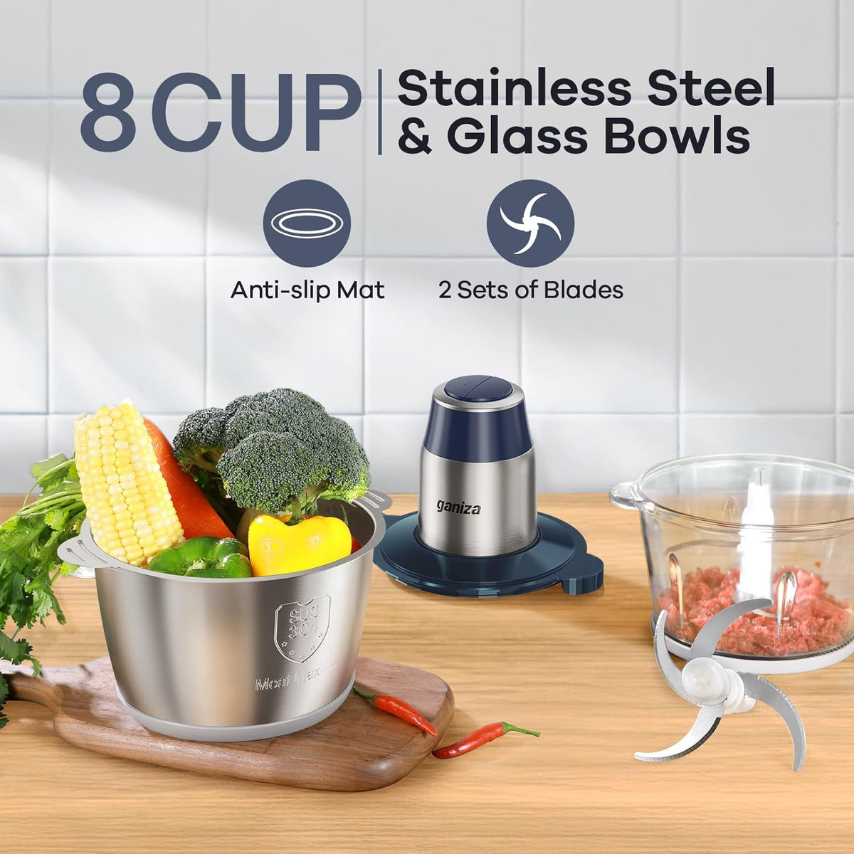 GANIZA Food Processors, Electric Chopper with Meat Grinder & Veggie Chopper - 2 Bowls with Powerful Copper Motor - Includes 2 Sets of Bi-Level Blades for Baby Food/Meat (Blue, 8 Cup+8 Cup)