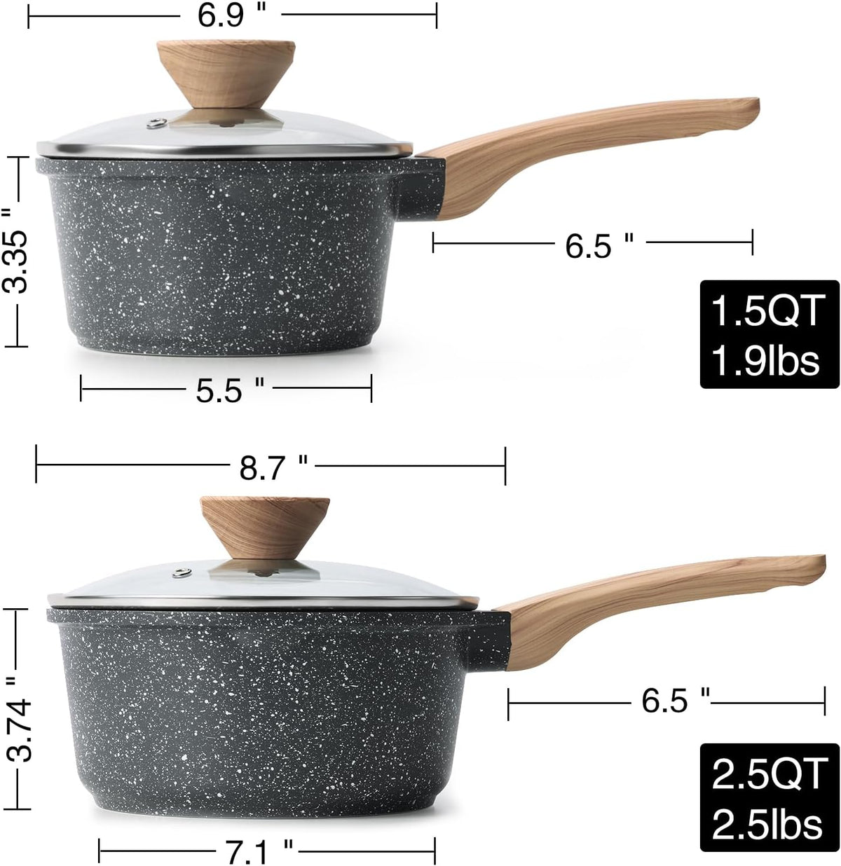 Sauce Pan Set with Lid, 1.5QT & 2.5QT Non Stick Small Pots with Granite Coating, Saucepan with Pour Spout, Multipurpose Induction Cooking Pans, PFOA/PFOS Free