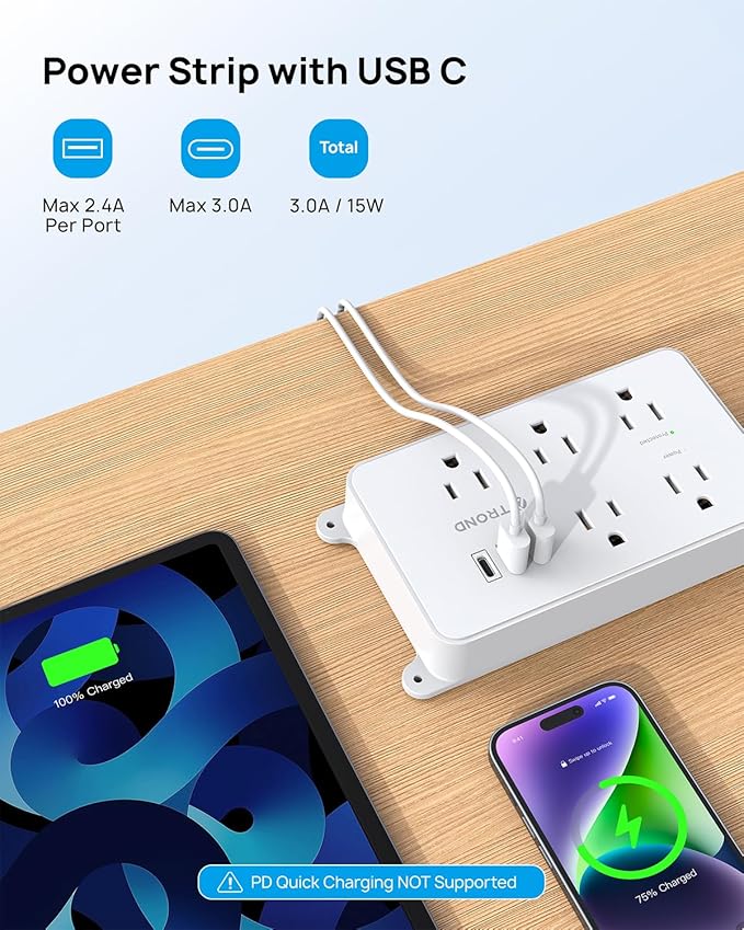 TROND Surge Protector Power Strip 15ft Extension Cord, ETL Listed, 5 Widely Spaced AC Outlets, 2 USB A and 1 USB C, 1300J, Flat Plug Power Strip, Wall Mountable, for Home Office, White