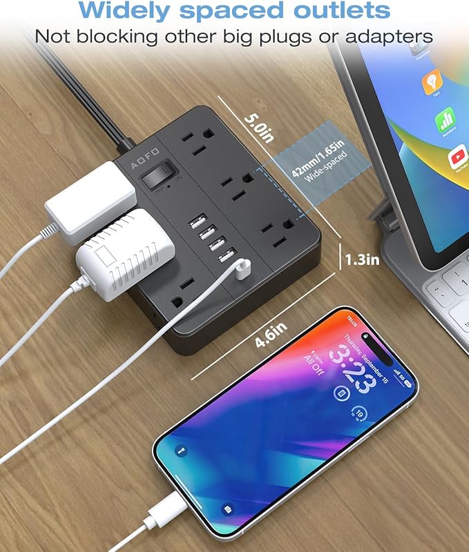 20FT Surge Protector Power Strip,12 AC Outlets with 6 USB Ports (2 USB-C), Flat Plug Extension Cord with Multiple Outlets, Wall Mount for Home Office,Dorm,Black