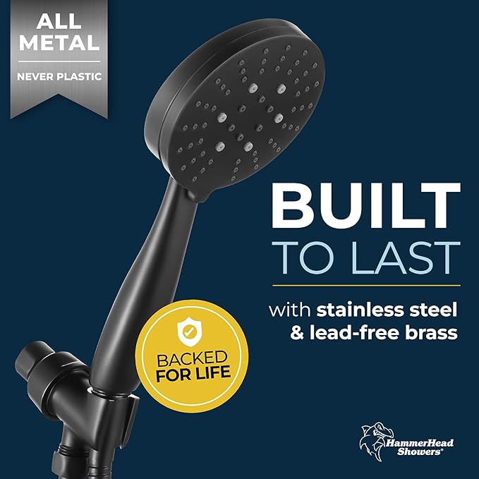 HammerHead Showers® Solid Metal 3-Spray Handheld Shower Head with Long Hose and Holder - MATTE BLACK - 2.5 GPM High Pressure Shower Head with Handheld Sprayer - WIDE, MASSAGE, and MIST Sprays