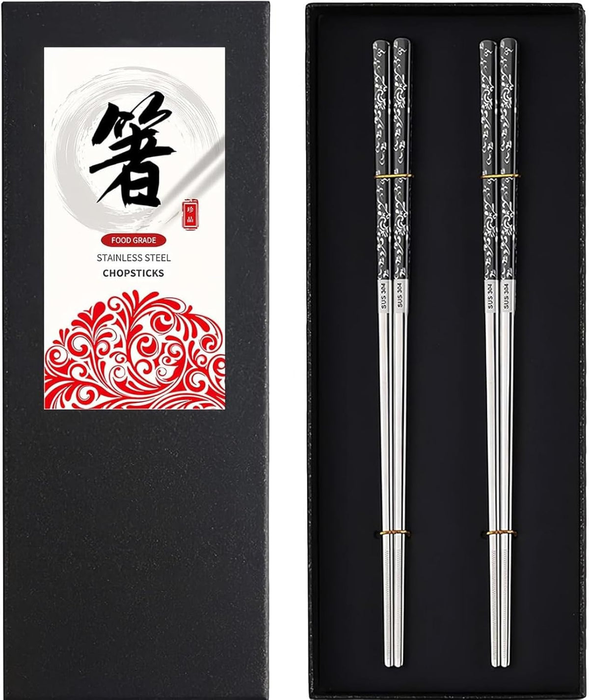 Stainless Steel Chopsticks 2 Pairs: Metal Titanium Plated Chopstick Set,Dishwasher Safe,Non-Slip,Laser Engraved,Gift Box Packaging,Japanese Chinese Korean chop Sticks for Cooking Eating
