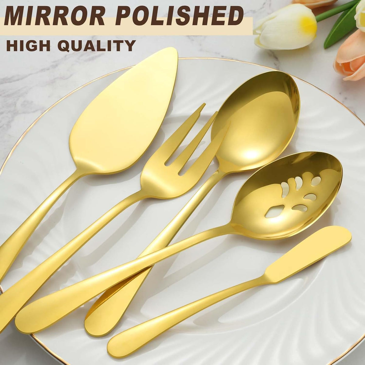 BEWOS Gold Serving Utensils, 20-Piece Serving Utensils set, Gold Serving Spoons, Slotted Spoons, Tongs, Forks, Cake Server, Butter Knife, Stainless Steel Serving Utensils for Parties, Dishwasher Safe