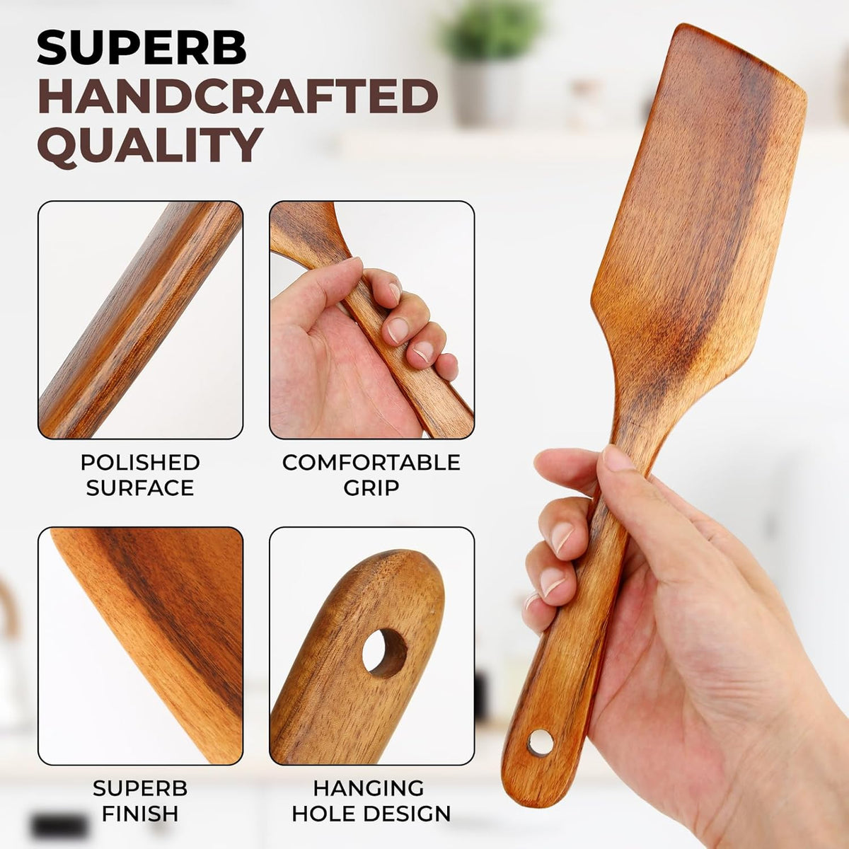 AIUHI Wooden Spatula for Cooking, Premium Teak Wood Cooking Utensils, NonStick Kitchen Utensils Set of 4 Contain Paddle, Turner Spatula, Slotted Spatula and Wood Scraper