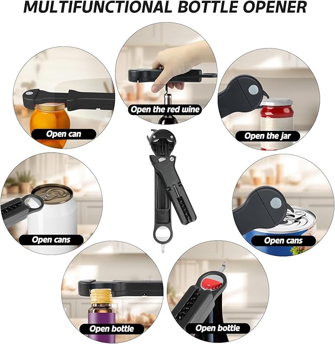 7 in 1 Jar Opener Bottle Opener and Wine Opener for Seniors with Arthritis, Weak Hands, Multi Retractable Magnetic Can Opener, Original Kitchen Lid Opener Tool (Black)