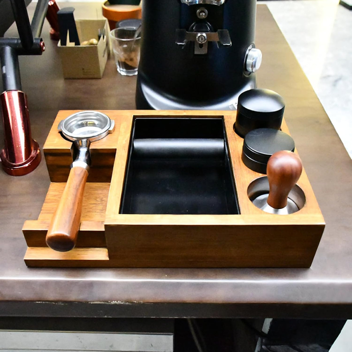 13.4'' Large Espresso Knock Box and Tamping Station, Solid Wood Espresso Accessories Organizer Box for 51MM-58MM Tamper, Distributor, Portafilter, High-Capacity Espresso Coffee Organizer