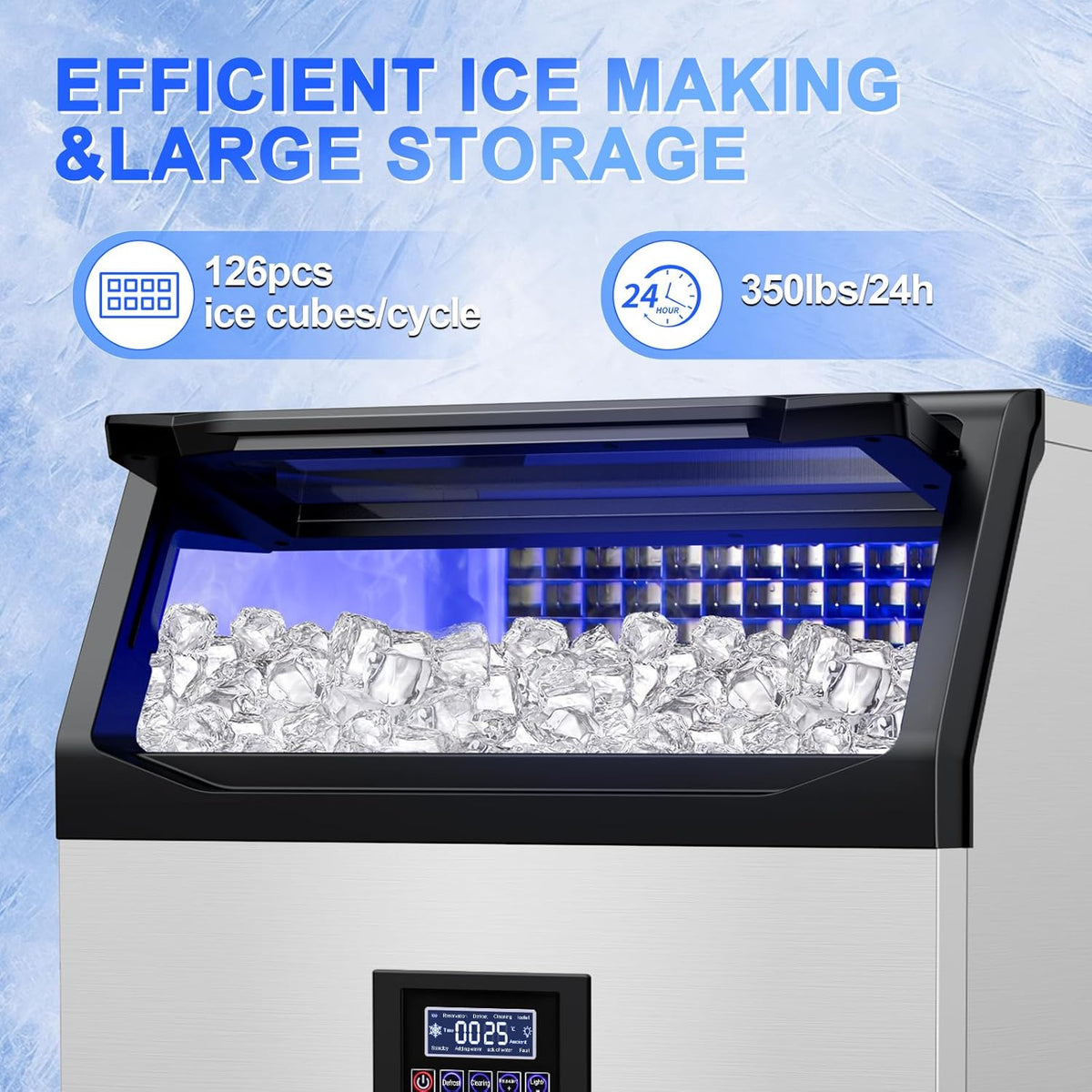 Commercial Ice Maker Machine 350Lbs/24H, 126pcs Ice Cubes Under Counter Ice Machine with Water Line and Filter, Freestanding Ice Maker Machine with 150Lbs Storage ice Bin for Home/Shop/Office/Bar