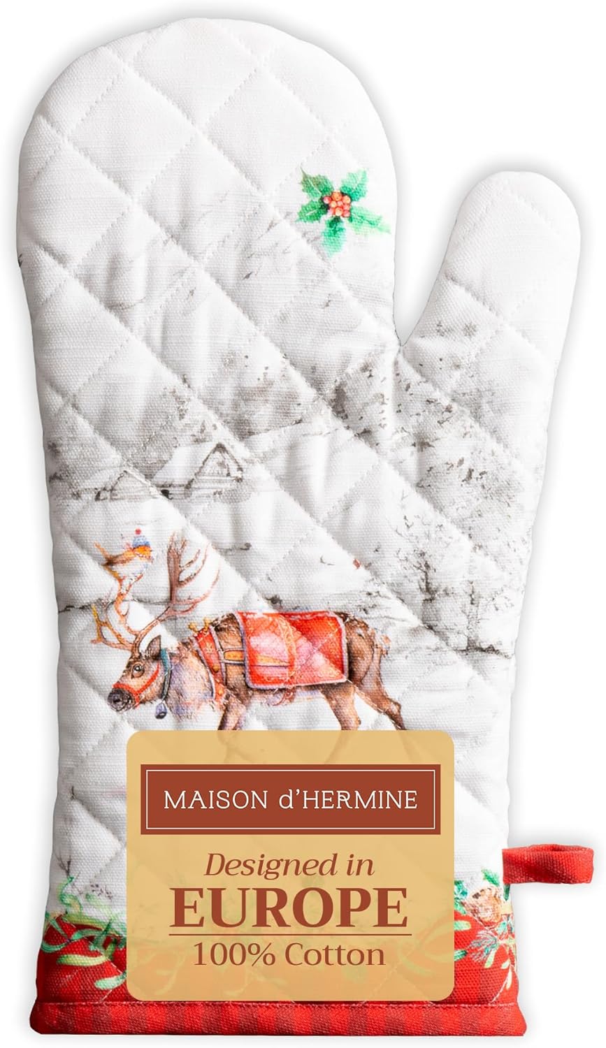 Maison d' Hermine Oven Gloves 100% Cotton Oven Mitt 7" x 13" with Loop Heat Resistant, BBQ, Cooking Gloves, Baking, Grilling, Kitchen, Handling Hot Pans (Pack of 1, Christmas Tradition)