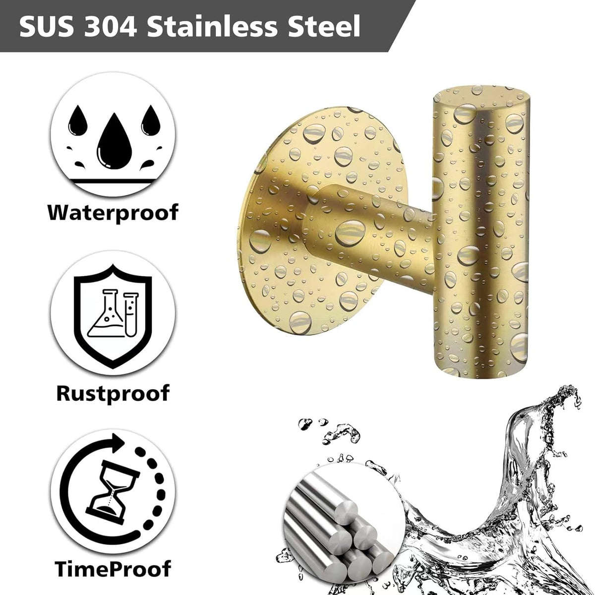 Adhesive Towel Hooks, Heavy Duty Wall Hooks Stainless Steel Waterproof Shower Towel Hooks - 4 Pack, Gold