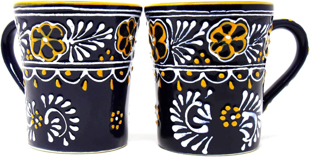 Encantada Handmade Hand-Painted Authentic Mexican Pottery Mugs (2-Pack, Blue Helecho)