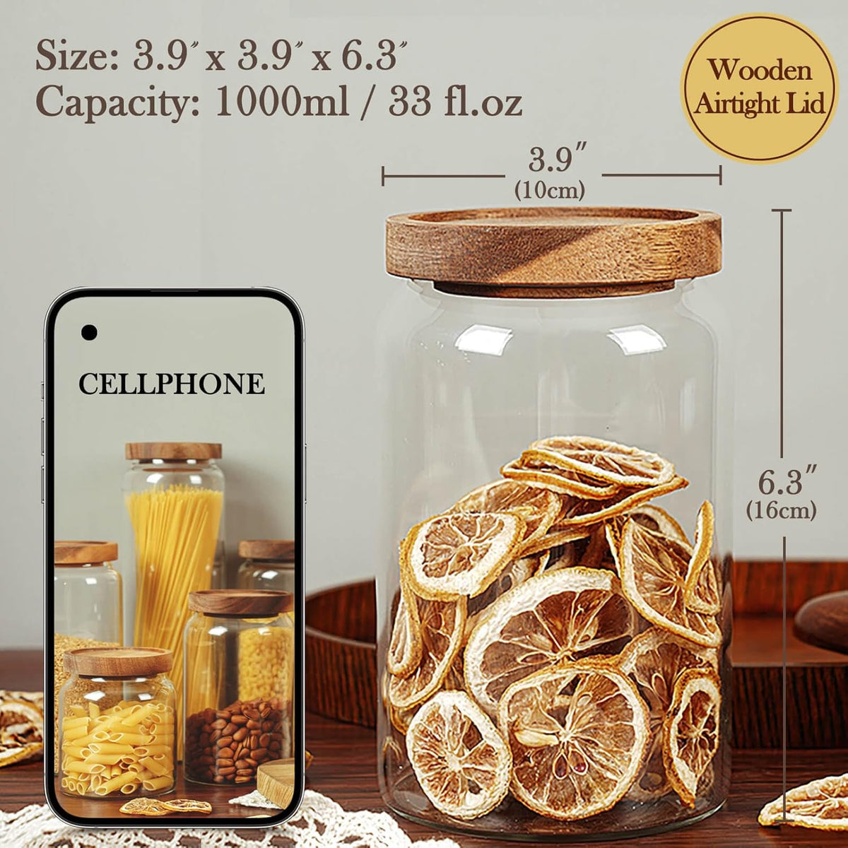 Labina Glass Storage Container Airtight Food Jars Kitchen Canister with Wood Lids, 33 Oz Wide Mouth Pantry Organization Glass Jar for Flour, Sugar, Cookie, Spagetti, Nuts and Candy (2 Pack)