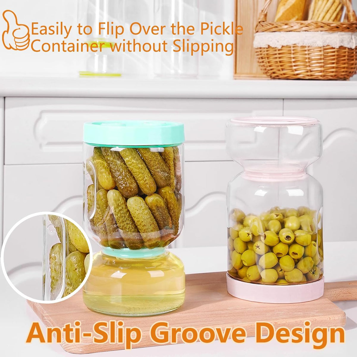 ZENS Glass Pickle Jar with Strainer Flip, 2 Pack Pickle Container Olive Hourglass Jars, Airtight Pickle Juice Separator from Wet and Dry, Pickles Storage Jar 51oz