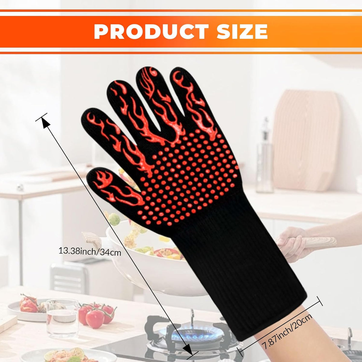 1 Pair Grill Oven Mitts, 1472°F Heat Resistant BBQ Gloves for Cooking, Non-Slip Silicone Oven Gloves, Barbecue Grill Gloves BBQ Mitts (Red-Flame Pattern)