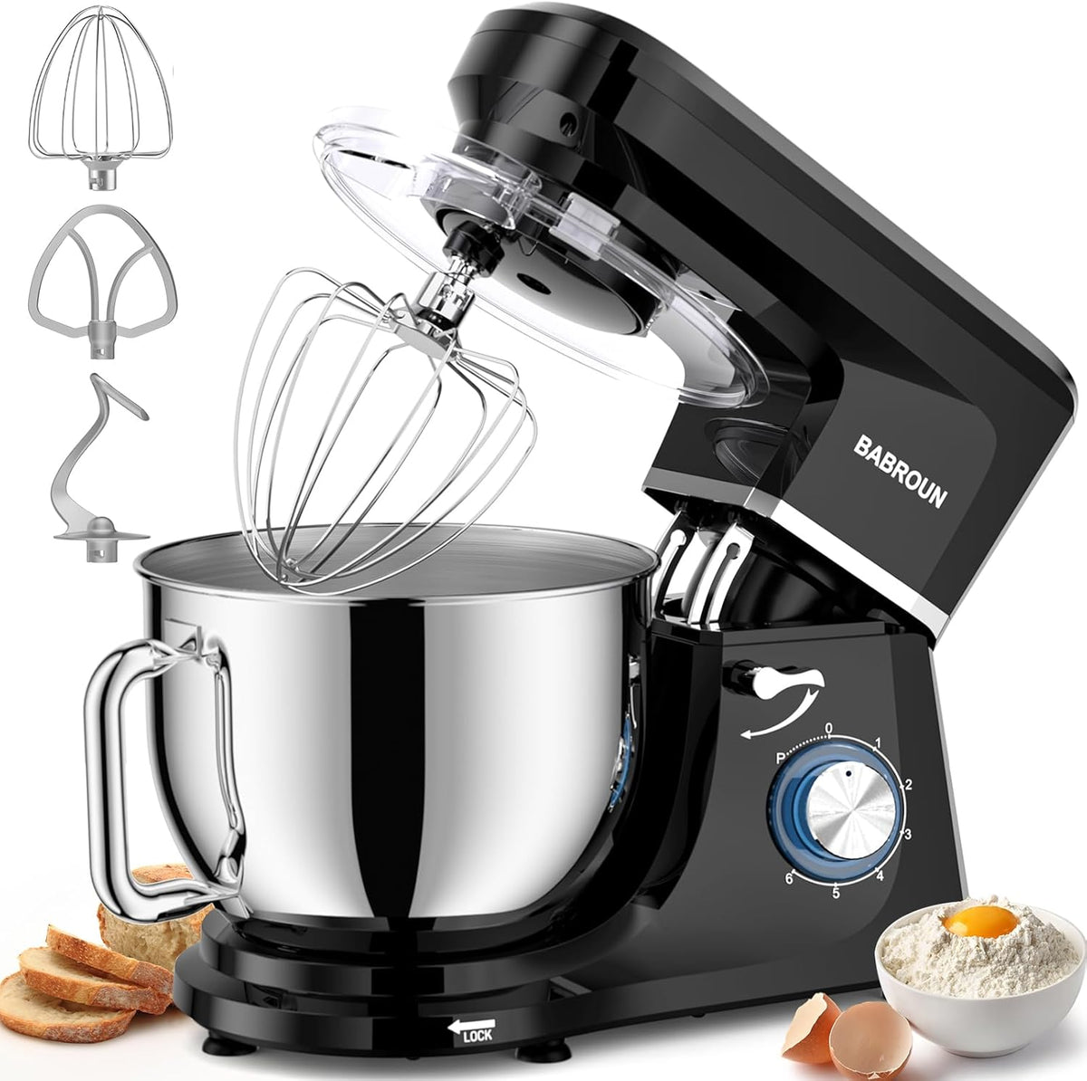 8.45 QT Stand Mixer - 660W 6 Speed Large Capacity Kitchen Electric Mixer with Whisk Dough Hook Mixing Beater Household Food Mixer for Baking Cakes Cookie Bread Salad (Black)