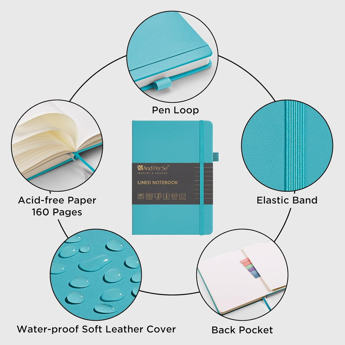 &And Per Se Lined Journal Notebook (5 Packs), 160 Pages, A5 5.7 x 8 inches College Ruled Thick Paper Notebook Journals for Writing, Hardcover Notebooks for Women Men Office School (Cerulean Blue)