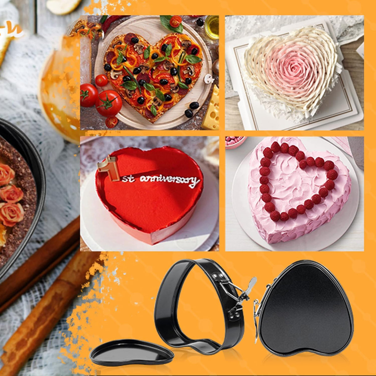 Springform Cake Pan Set of 3 (4, 7, 9 Inch) Heart Leakproof Nonstick Cheesecake Pans with Removable Bottom Carbon Steel Bakeware