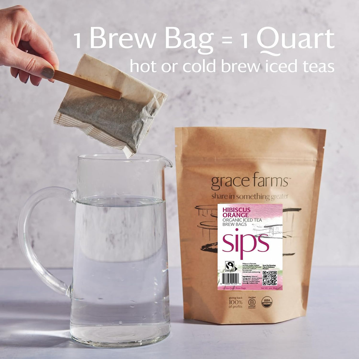 Grace Farms HIBISCUS ORANGE ORGANIC ICED TEA (Twelve 1qt. Brew Bags, 3 Gallons) | Refreshing, Tart and Vibrant, Naturally Sweet Sugar-Free | Easy Cold Brew