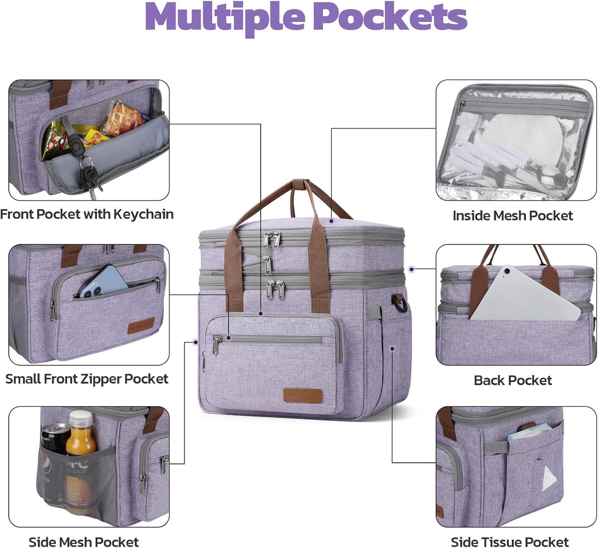 Maelstrom Lunch Bag Women,23L Insulated Lunch Box For Men Women,Expandable Double Deck Cooler Bag With Side Tissue Pocket,Lavender