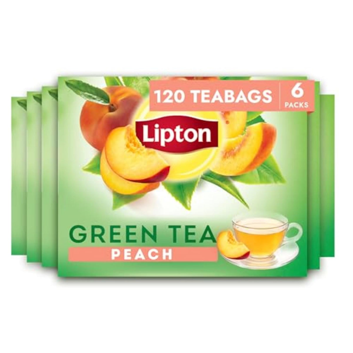 Lipton Peach Green Tea Bags, Flavored, Unsweetened Teabags for Hot Tea or Peach Iced Tea with Caffeine and Flavonoids, 120 Total Tea Bags (20ct - Pack of 6)