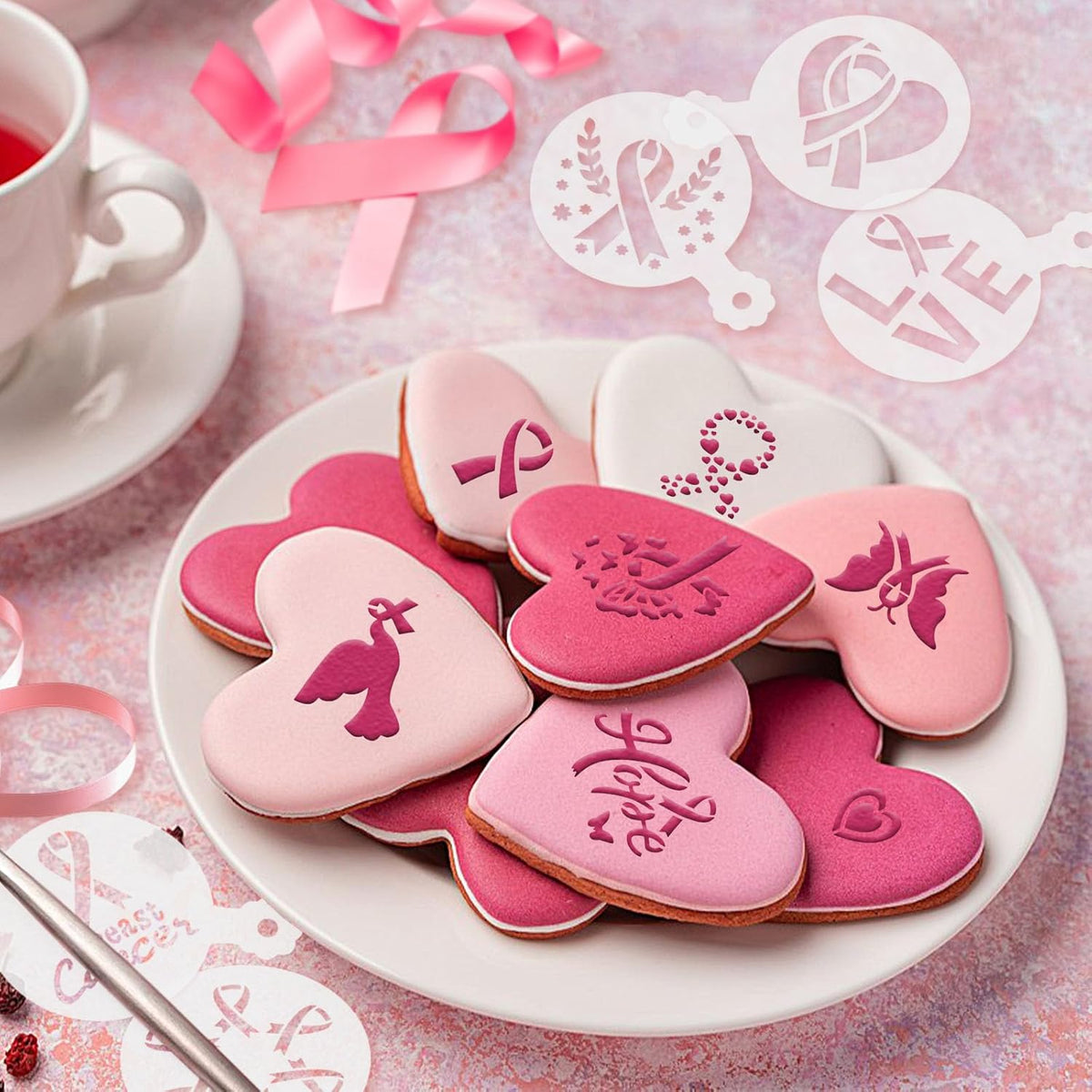 JULBEAR Breast Cancer Awareness Cookie Stencils, 36pcs Pink Ribbon Reusable Coffee Decoration Stencils Templates Tools for Cookies Baking Painting Dessert Decoration DIY Breast Cancer Awareness Party