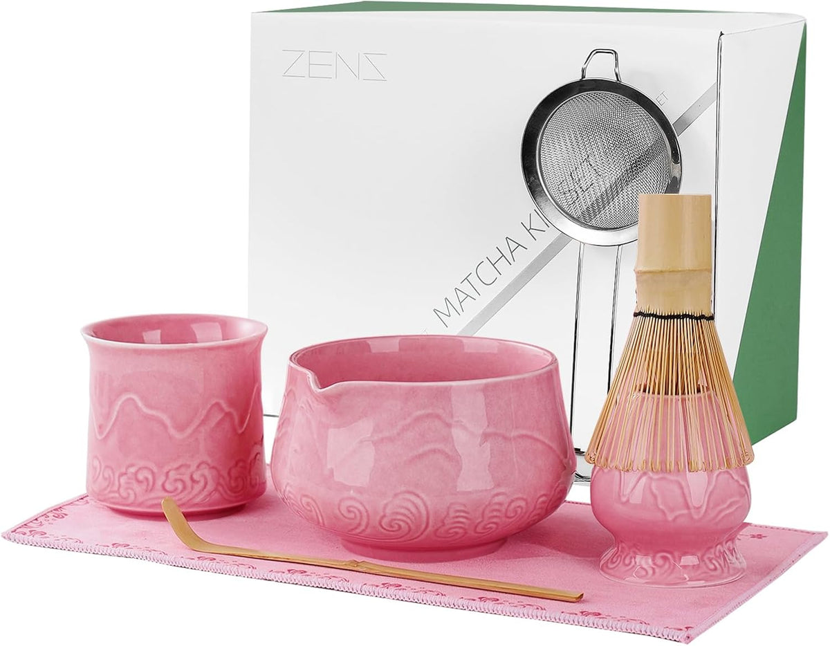 ZENS Pink Matcha Set, Matcha Whisk Set Includes 15oz Ceramic Bowl and Matcha Cup for Bamboo Whisk, (Chasen Holder), Scoop, Sifter and Tea Towel, 7pcs Matcha Kit for Matcha Lovers