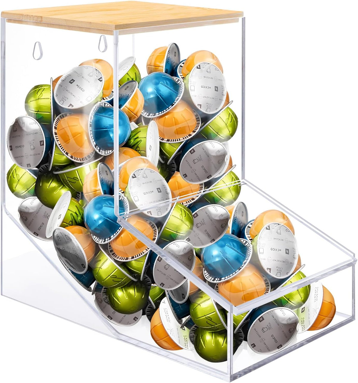 TCJJ Coffee pod organizer with bamboo lid, transparent k cup holder, 170 cubic inches capacity, can be placed on a tabletop or mounted on a wall, compatible with Nestlé coffee pod.