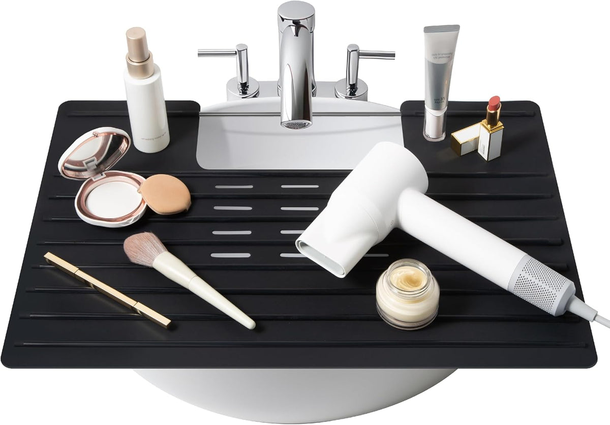 Maplefield Bathroom Sink Cover for Counter Space, Heat Resistant Silicone Sink Mat for Your Beauty Routine, Small Bathroom Space Saver Sink Cover for Makeup (Black Large, 22 x 2 x 2 Inches)