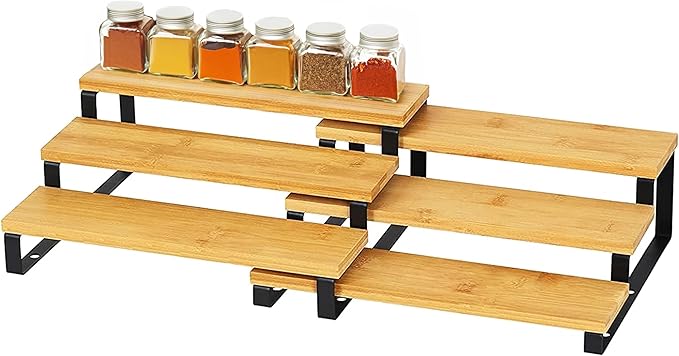 RoyalHouse Bamboo and Metal Expandable Spice Rack Organizer, Cabinet Shelf Organizers, 3-Tier Adjustable Kitchen Cabinet, Countertop Display Shelf, Space Organizer for Kitchen and Bathroom
