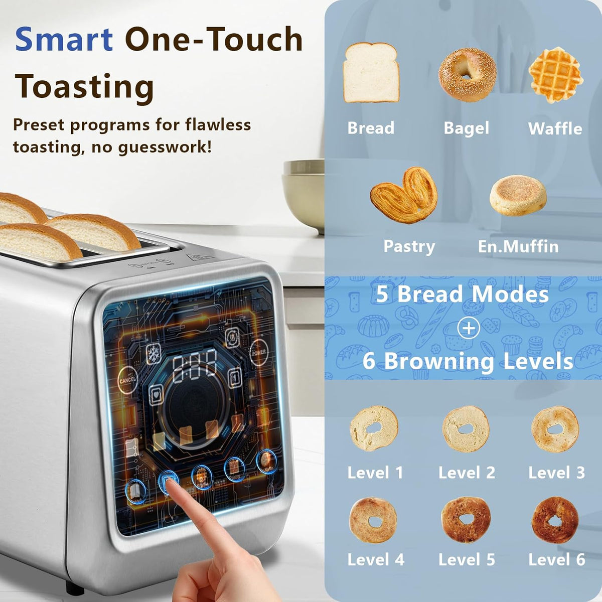 Smart Toaster 4 Slice, Touch Screen, Digital Toasters with 6 Browning Levels & 5 Bread Types, Bagel, Extra Long Wide Slots, Memory Function, Timer, 1400W, Stainless Steel