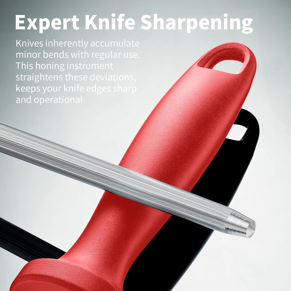 Knife Sharpener Rod, Kitchen Knives Sharpener Carbon Steel Professional Knife Sharpening Steel, Red Diamond Honing Rod with Hanging Holes (13 inches)
