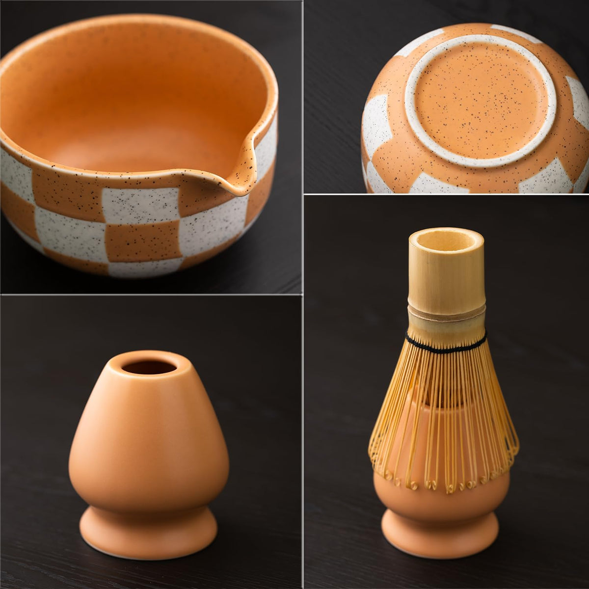 Premium 7-Piece Matcha Tea Set – Traditional Japanese Style with Elegant Grid Pattern, Includes Bamboo Whisk, Ceramic Bowl, Scoop & More – Perfect for Matcha Lovers & Tea Ceremony (Orange grid)