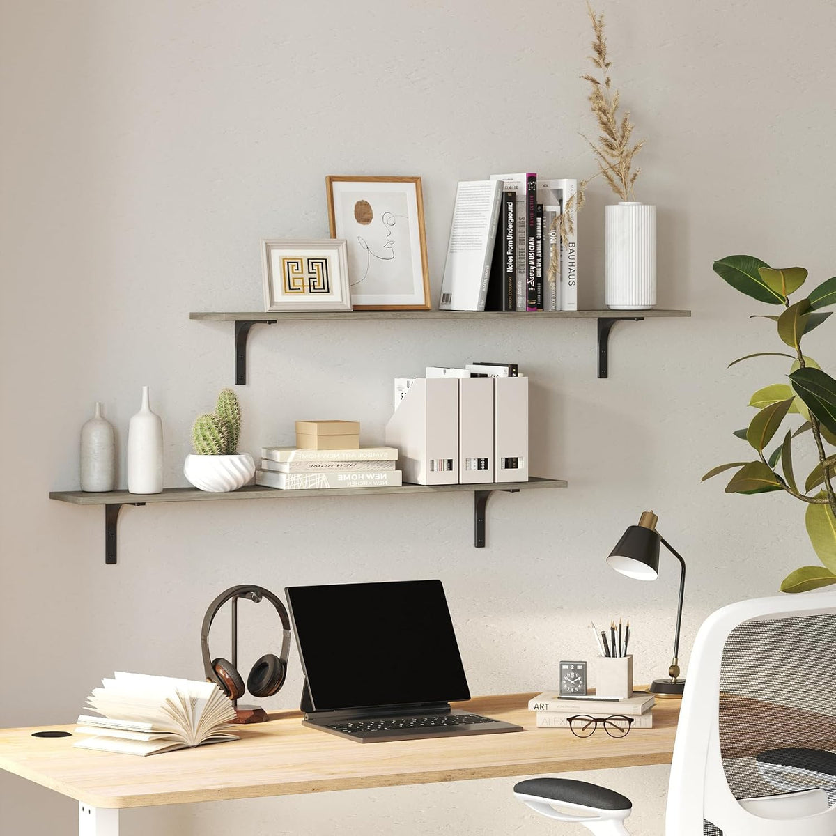 DINZI LVJ Long Wall Shelves, 47.3Inch Wall Mounted Shelves Set of 2, Extra Large Floating Storage Ledges with Sturdy Metal Brackets for Living Room, Bathroom, Bedroom, Kitchen, Gray Wash