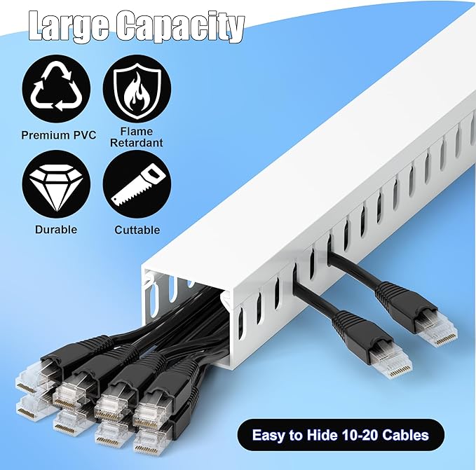99in(6X L16.5in) Professional Server Rack Cable Management Raceway, H1.4in x W1.6in Cable Raceway Kit, Electrically Safe PVC Open Slot Wire Raceway for Under Desk/Computer/Network Cords, White