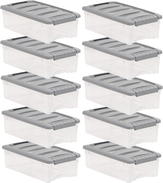 Amazon Basics Plastic Storage Containers with Secure Latching Lids, Stackable Organization Bins, Clear/Grey, 5 Quart, Set of 10