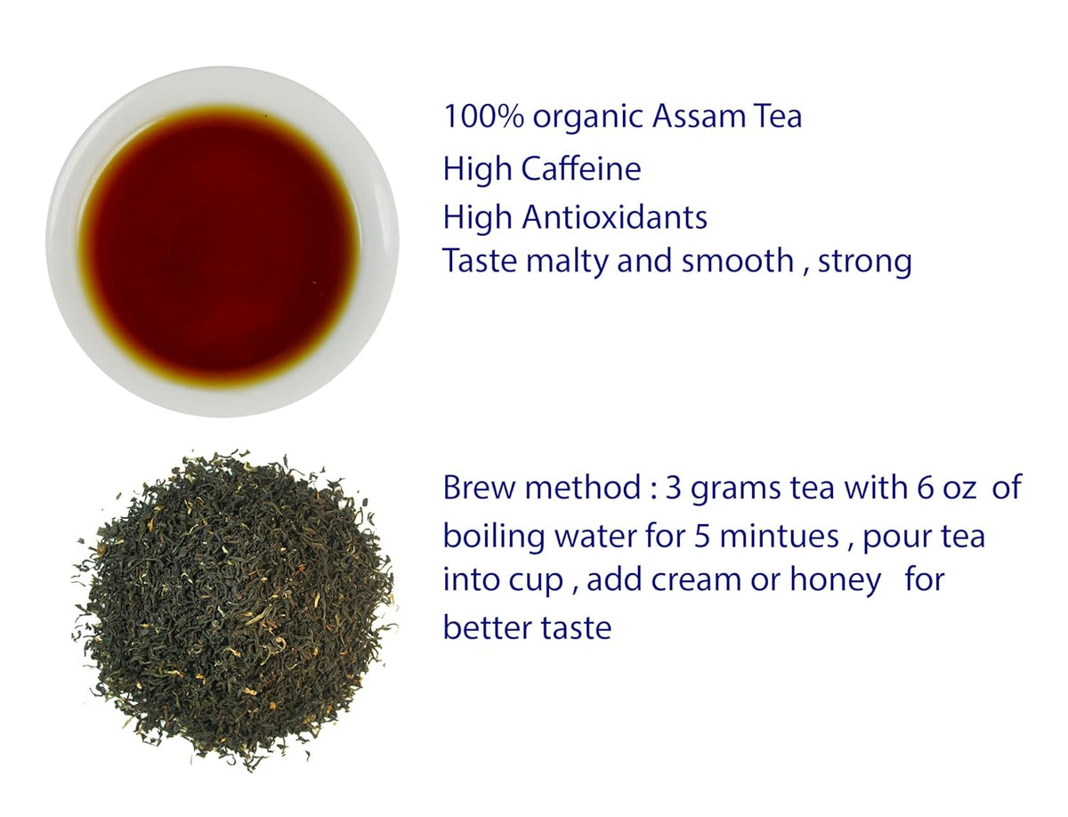 Greenhilltea, Organic Assam (TGFOP) Black teaWith Tippy and Flowery premium loose leaves tea packed in resealable zip lock foil bag 4 OZ
