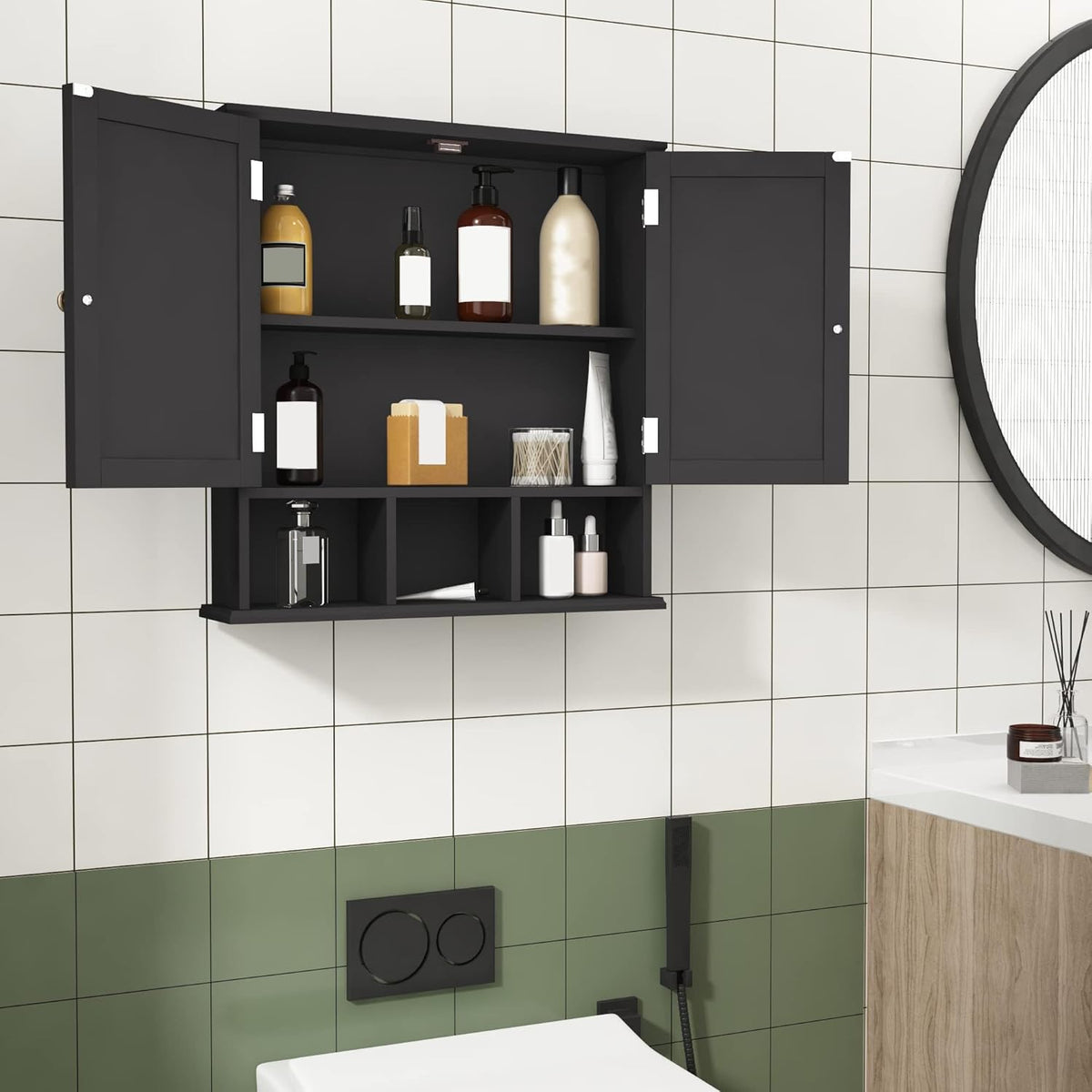 ChooChoo Bathroom Cabinet Wall Mounted 2-Door with 3 Open Shelves， Wooden Medicine Cabinets with Adjustable Shelf，Space Saver Storage Cabinets Over The Toilet for Bathroom&Living Room，Black