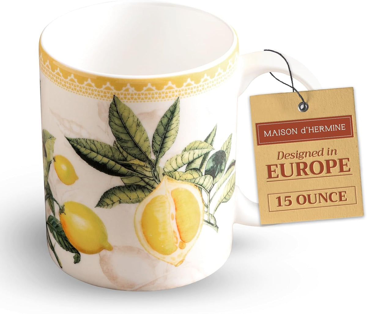 Maison d' Hermine Coffee Mug with Handles Fine Bone China Mugs Pack of One Tea Cups for Hot Beverages Cappuccino Latte Home Restaurant Office Perfect for Gift (Limoncello - Combava, 15 Ounce)