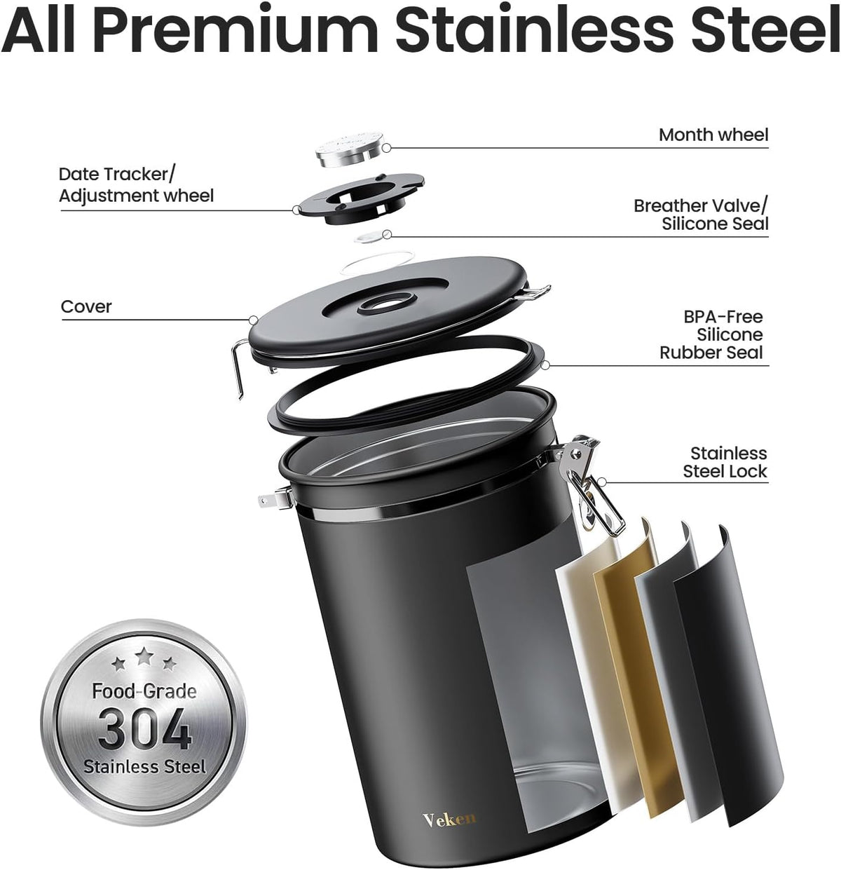 Veken Coffee Canister, 39OZ Large, Airtight Stainless Steel Food Storage Container for 2.2lbs Coffee Beans, Ground, Sugar, Tea, Flour, Rice, Cereal, Cookies Jars, Bar Accessories & Gifts, Black