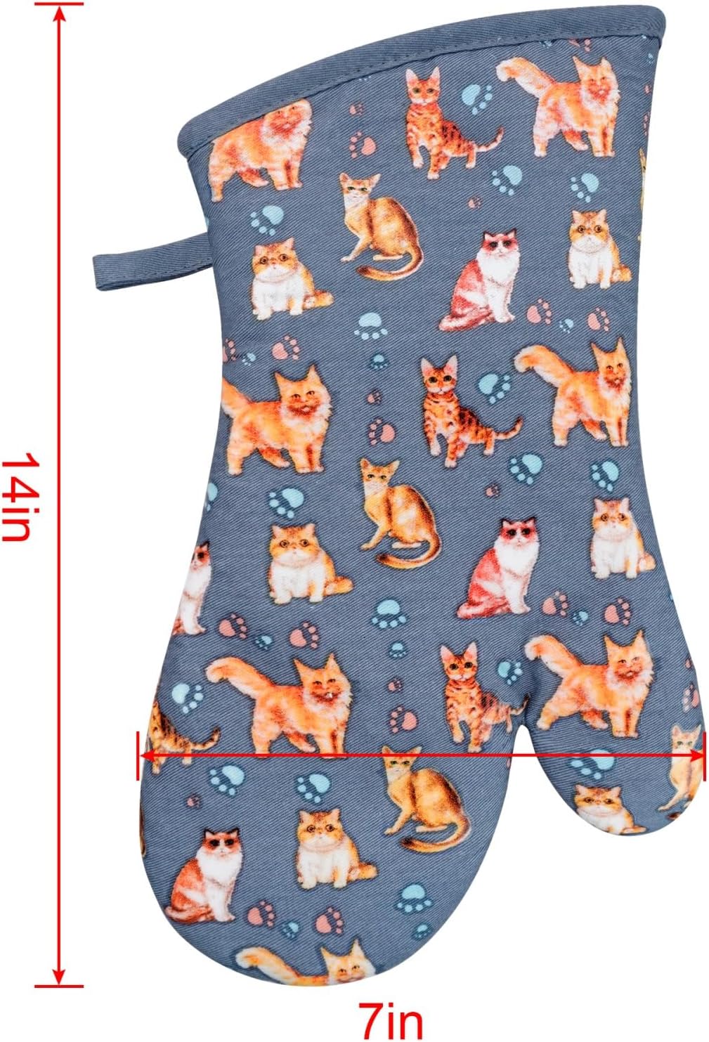 Oven Mitts Gloves 1 Pair Heat Resistant 480 ℉ Non Slip Clear Silicone Printed Cat Comfortable Cotton Lining Kitchen Men Cooking Barbecue Machine Washable (Cat, Blue Mitts)