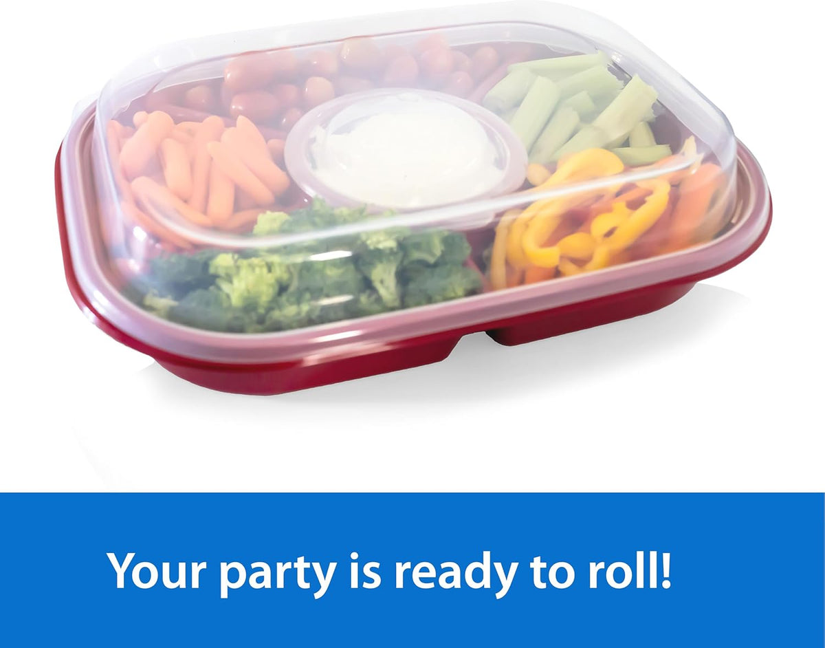 Buddeez Red Jumbo Divided Serving Tray - 6 Bins for Party Platter with Lid, Snackle Box Container, Appetizers, Desserts, Snacks & More