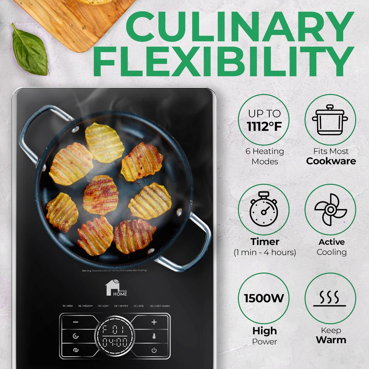 EconoHome Superconductor Portable Electric Stove - 1500W Extra Thin (0.71") & Suitable for All Types of Cookware Portable Cooktop with Touch Panel, Timer, Adjustable Heating Power, Auto-Shutdown